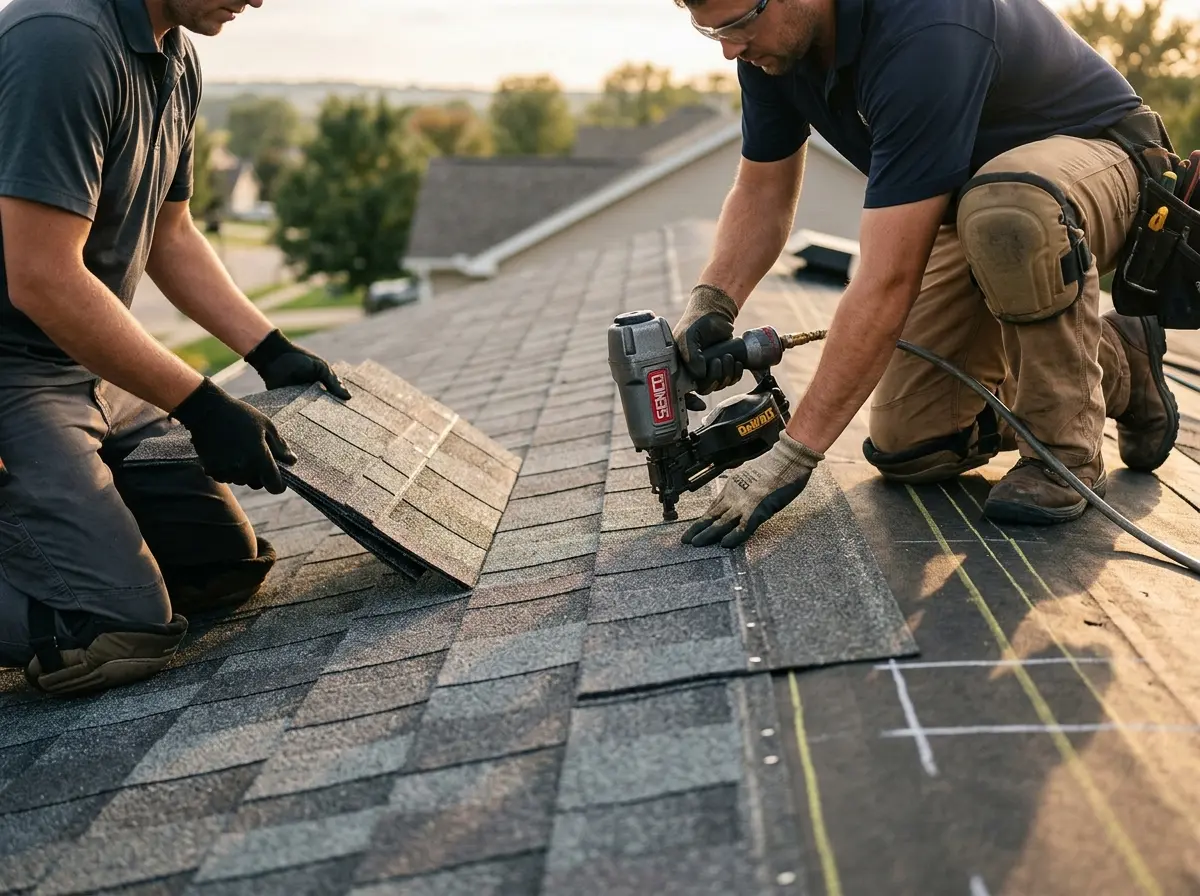 Professional roofer working on a residential roof in Solebury